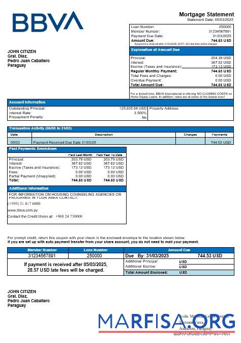 Printable Paraguay BBVA bank mortgage statement in Word and PDF formats sample